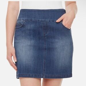 Stretch-Waist Denim Mini Skirt With Built in Shorts in Medium Blue